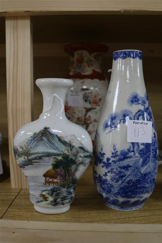 A collection of Asian ceramics, including a Chinese white ground flattened pyriform vase